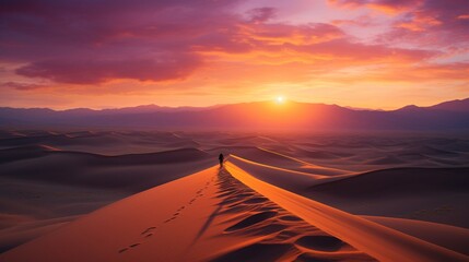 A breathtaking desert sunset casting warm hues across the vast dunes, a lone traveler standing atop a sand ridge, silhouetted against the fading light