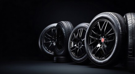 Set of car tires on a black background