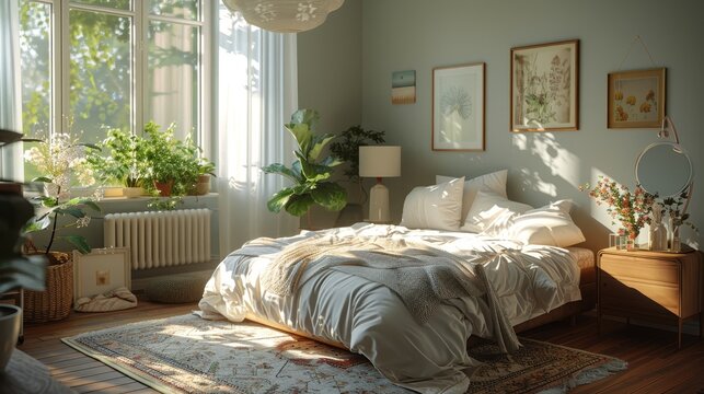 A cozy, botanical-inspired bedroom filled with natural light, featuring plants, warm wooden furniture, and a comfortable bed.
