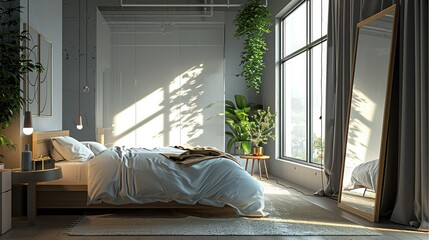 A rectangle mirror standing in a modern bedroom. Generative AI.