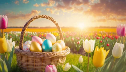 Poster A basket with colorful Easter eggs on a spring field with blooming tulips at sunrise © psychoshadow