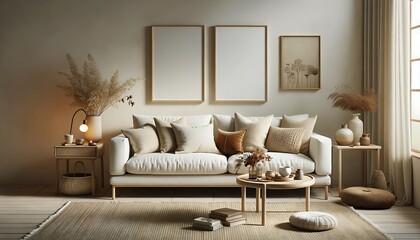 Wall art mockup, minimalist modern living room, 3d rendering interior design