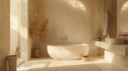 A minimalist bathroom basking in natural sunlight, with earth tone decor and a sleek freestanding bathtub for a serene ambiance.