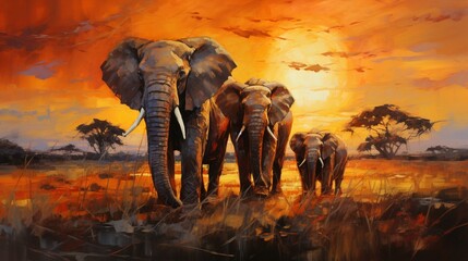 A breathtaking painting depicting a family of majestic elephants traversing the vast savannah at dusk, golden sunlight casting long shadows - obrazy, fototapety, plakaty