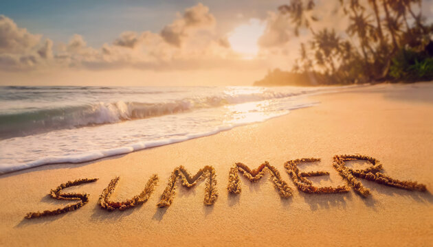 Summer word written in the sand on a tropical beach. Aestival season starts
