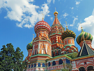 Fototapeta na wymiar Iconic St. Basil's Cathedral in Moscow, Russia. Vibrant colors and unique architecture in traditional style.