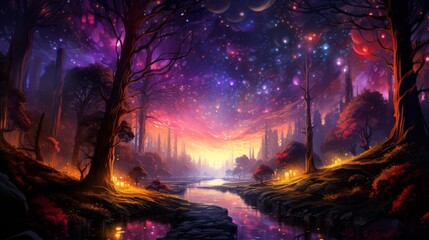 A captivating forest scene at twilight, the sky ablaze with vibrant hues of orange and purple, silhouettes of trees against the colorful backdrop, fireflies dancing in the air