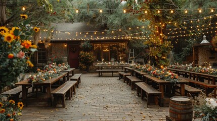 This captivating garden party scene is set at twilight, with inviting string lights weaving through the trees, and tables adorned with vibrant floral arrangements.