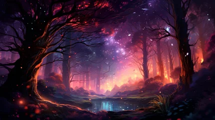 Foto op Plexiglas anti-reflex A captivating forest scene at twilight, the sky ablaze with vibrant hues of orange and purple, silhouettes of trees against the colorful backdrop, fireflies dancing in the air © malik