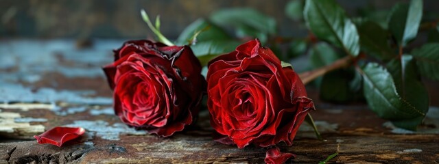 two red roses next to each other on top of a wooden table