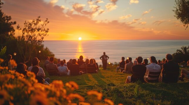 A serene evening scene at a wellness retreat, where participants are attending a seminar on vitamins and supplements essential for mental health.