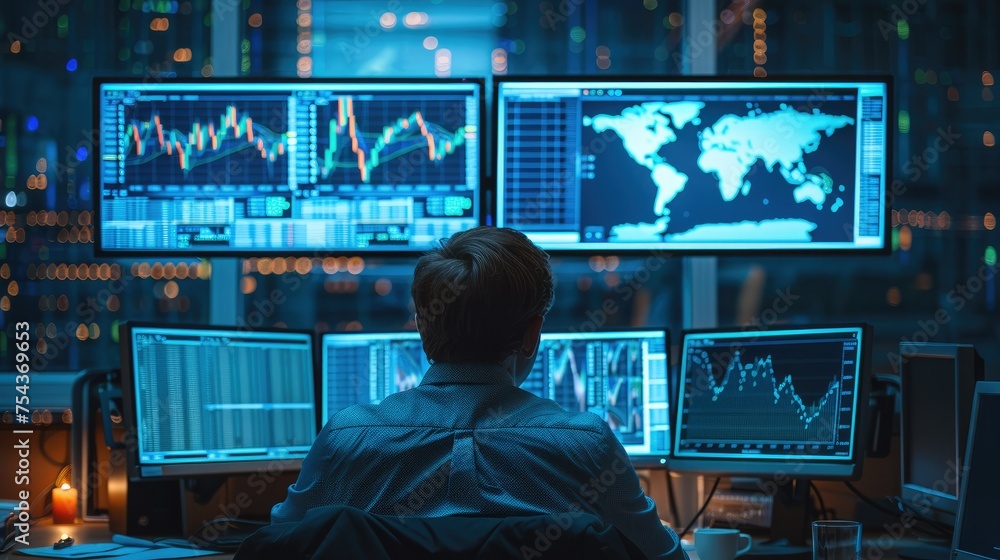 Poster men sitting in front of a computers, trading graphs monitors, blue light. generative ai.