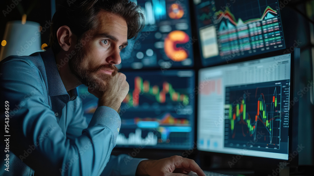 Aufkleber Man sitting in front of computer looking at documents on his laptop with business graphs. Generative AI.