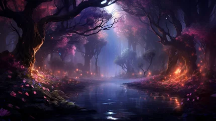 Tuinposter A captivating landscape merging the realms of nature and fantasy, where an ancient forest meets a shimmering lake, the surface reflecting a starry sky © malik