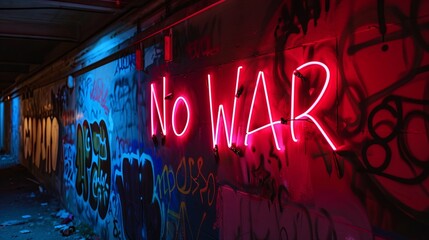 Graffiti on the wall and neon text  "NO WAR"