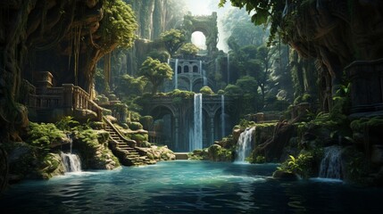 A majestic waterfall cascading down rugged cliffs into a pristine pool below, surrounded by lush tropical vegetation, sunlight filtering through the dense canopy - obrazy, fototapety, plakaty