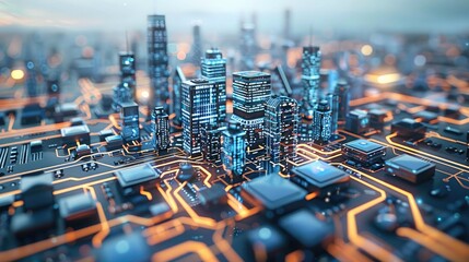 A digital intelligent city on the chip circuit board. Generative AI. - obrazy, fototapety, plakaty
