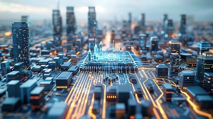 A digital intelligent city on the chip circuit board. Generative AI. - 754370448