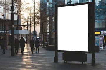 A city square digital community board mockup with a blank screen, in a bustling area.