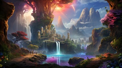 A mesmerizing scene blending elements of nature and fantasy, where a majestic waterfall cascades down from a floating island suspended in the sky - obrazy, fototapety, plakaty