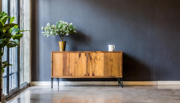 Dark contemporary waiting room interior with wooden sideboard