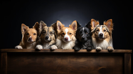 
Five long-haired dogs standing behind a fence and looking at the camera. Border collie style dogs of various colors with dark background and copy space.