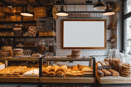 A bakery digital menu board mockup with a blank screen