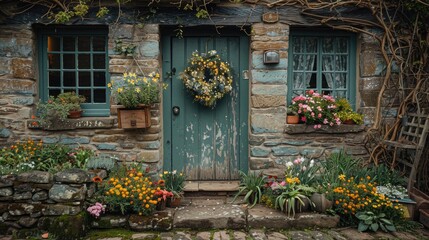 Fototapeta na wymiar Easter wreath in a quaint English cottage