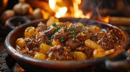 Paschal lamb stew in a rustic mountain cabin