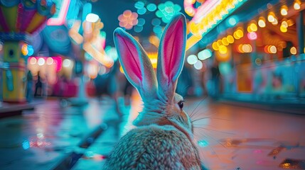 Bunny ears in a lively amusement park - obrazy, fototapety, plakaty
