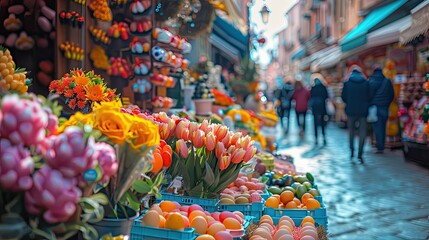 Obraz premium A bustling Easter market filled with colorful stalls selling Easter eggs, flowers, and other festive items