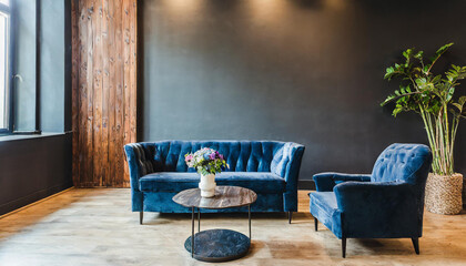 Livingroom or buisness lounge in deep dark colors. Set furniture blue navy and gray. Empty wall mockup - paint background black and decorative wood. Luxury interior design reception room - obrazy, fototapety, plakaty