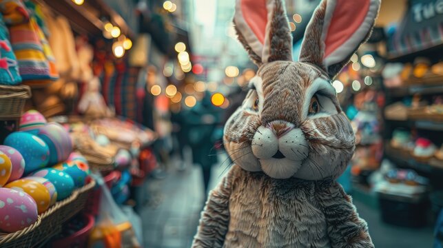 Easter bunny costume in a bustling costume market