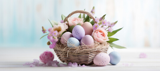 Basket of Pastel Easter Eggs and Flowers on a White Wooden Table