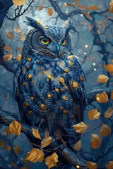 Fototapeta premium An owl in an autumnal setting with golden leaves
