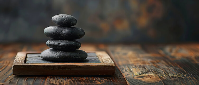 A stack of spa stones is neatly placed on top of a wooden table tray, set against a dark backdrop. with empty copy space