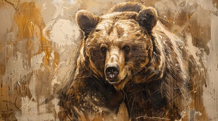 An artistic representation of a brown bear, showcasing a blend of detailed brushwork and dynamic abstract elements. - obrazy, fototapety, plakaty