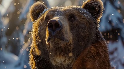 A detailed portrait of a brown bear with snowflakes adorning its fur, highlighting its natural habitat during winter.