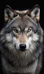 Naklejka na ściany i meble face of a serious wolf on a white background photo сreated with Generative Ai