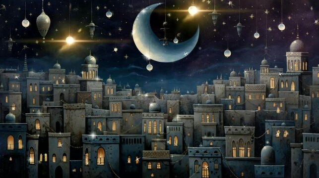 a serene wallpaper featuring a moonlit night with traditional Ramadan hanging from rooftops. seamless looping time-lapse virtual 4k video animation background