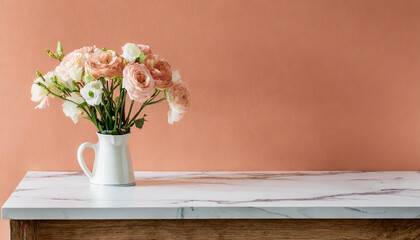 Warm peach fuzz 2024 color trend dining room. White marble, table and colorful apricot wall backgraund. Minimalist mockup for art