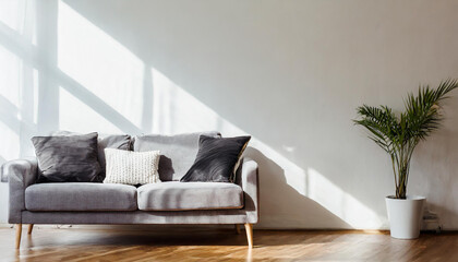 White living room interior with sofa and blank wall