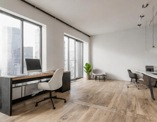 White office interior with relax and coworking corner with window. Mockup wall