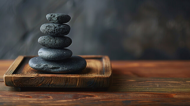 A stack of spa stones is neatly placed on top of a wooden table tray, set against a dark backdrop. with empty copy space