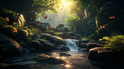 An enchanting forest scene with a serene waterfall cascading down a rocky cliff, sunlight filtering...