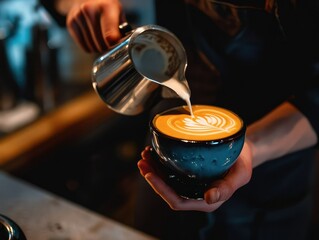 Fototapeta na wymiar A barista carefully pours hot espresso into a small white cup.