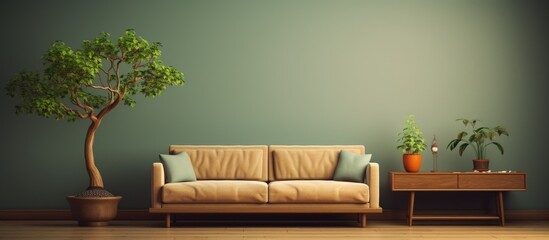 A living room featuring a comfortable couch and a small tree placed next to it, creating a cozy and inviting atmosphere. The tree adds a touch of nature to the room,