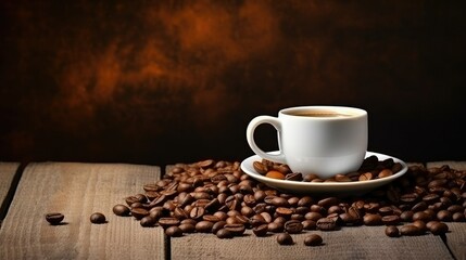 Coffee cup and coffee beans on a rustic background