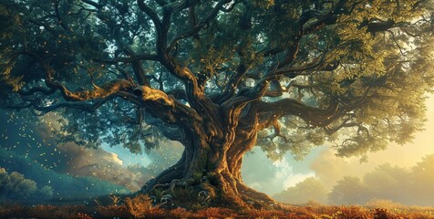 A magical scene featuring a gigantic ancient tree with sprawling branches in a mystical sunlit forest, invoking a sense of wonder.