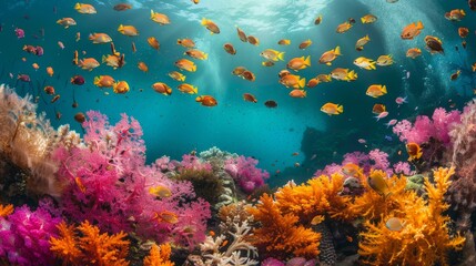 Fototapeta na wymiar Underwater paradise of a vibrant coral reef teeming with colorful tropical fish and marine life in clear blue ocean water.